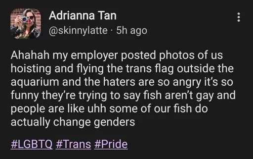 Fedi post from @skinnylatte Adrianna Tan

Ahahah my employer posted photos of us hoisting and flying the trans flag outside the aquarium and the haters are so angry it’s so funny they’re trying to say fish aren’t gay and people are like uhh some of our fish do actually change genders